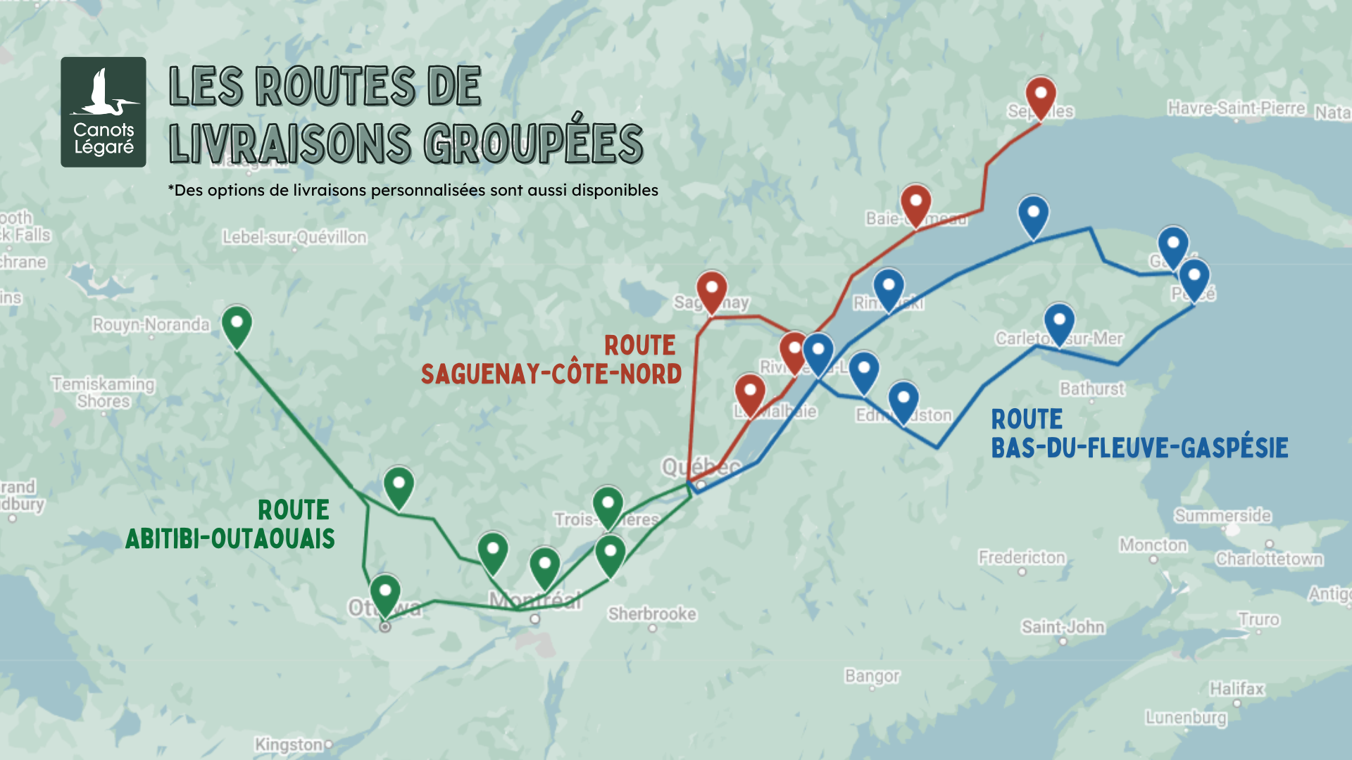 Trois routes de livraison au Québec